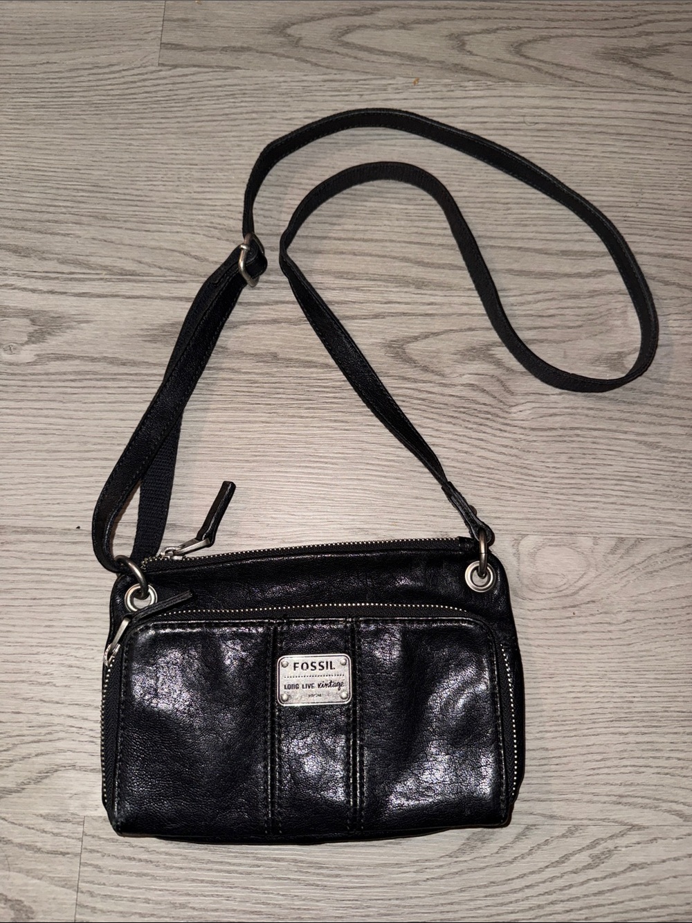 Fossil Black Leather Compact Crossbody Bag with bag charm